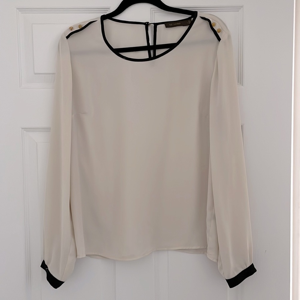 The Limited Off White and Navy Long Sleeve Blouse with Buttons Large